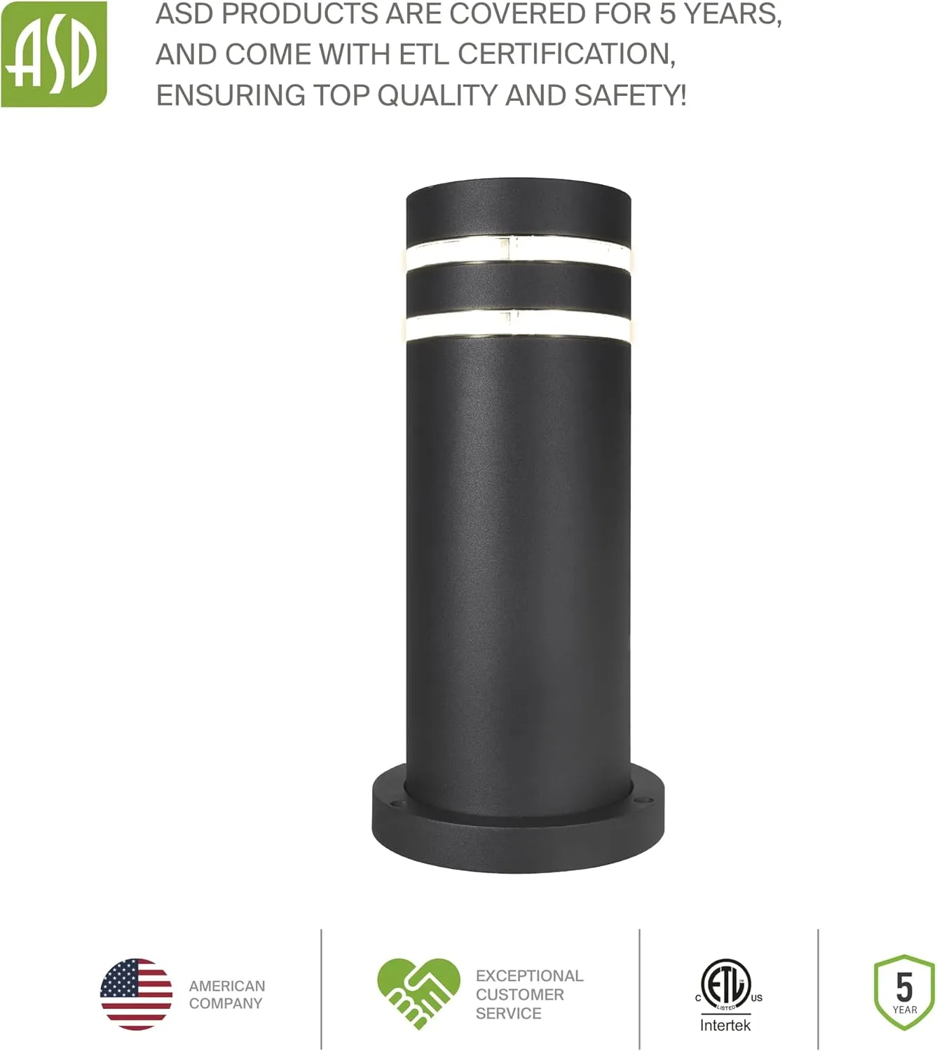 ASD 24 Inch Round Bollard Light Fixture | 60W E26 Socket 120V | Dimmable, Waterproof, LED/CFL/Incandescent Bulbs Compatible, ETL Listed | Outdoor Floor Lantern, Landscape Lighting | Black, 4 Pack