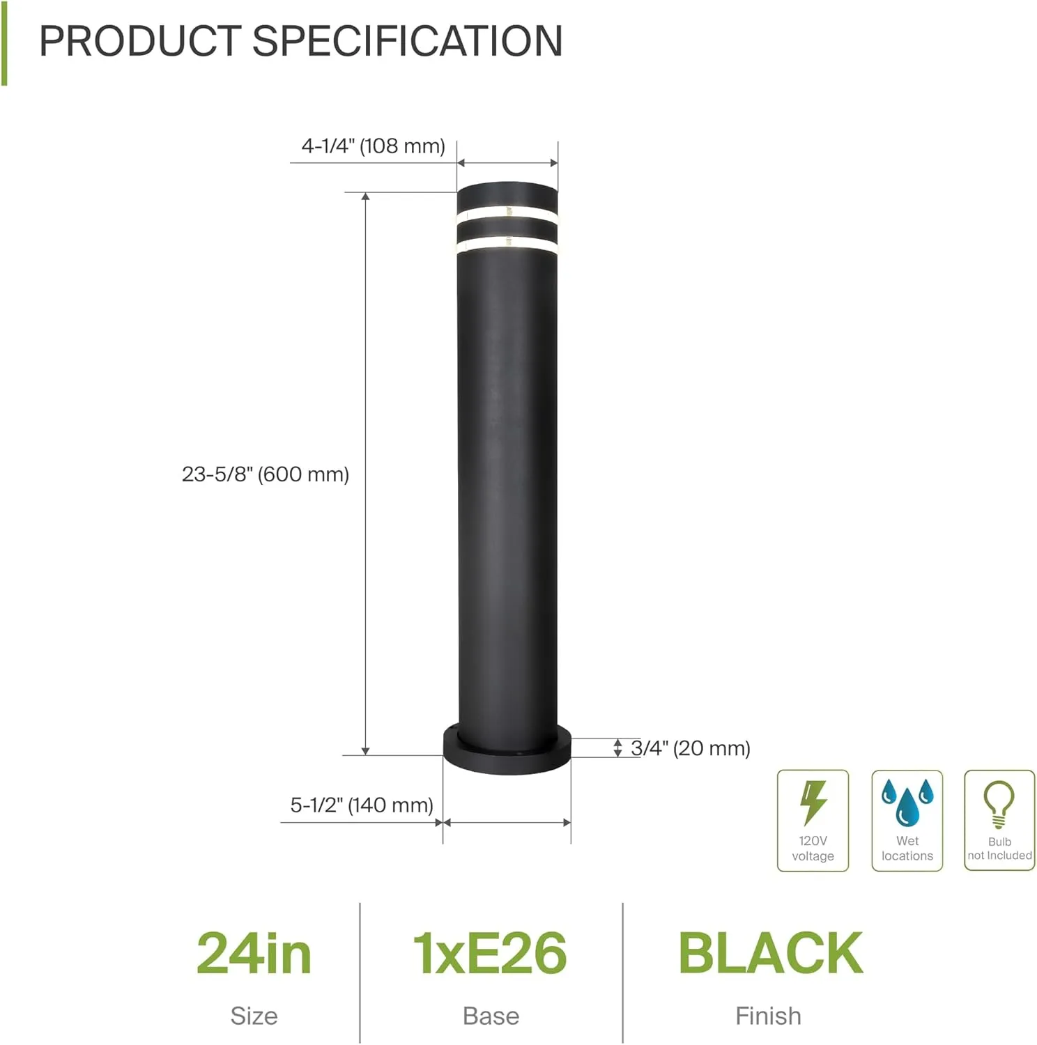 ASD 24 Inch Round Bollard Light Fixture | 60W E26 Socket 120V | Dimmable, Waterproof, LED/CFL/Incandescent Bulbs Compatible, ETL Listed | Outdoor Floor Lantern, Landscape Lighting | Black, 4 Pack