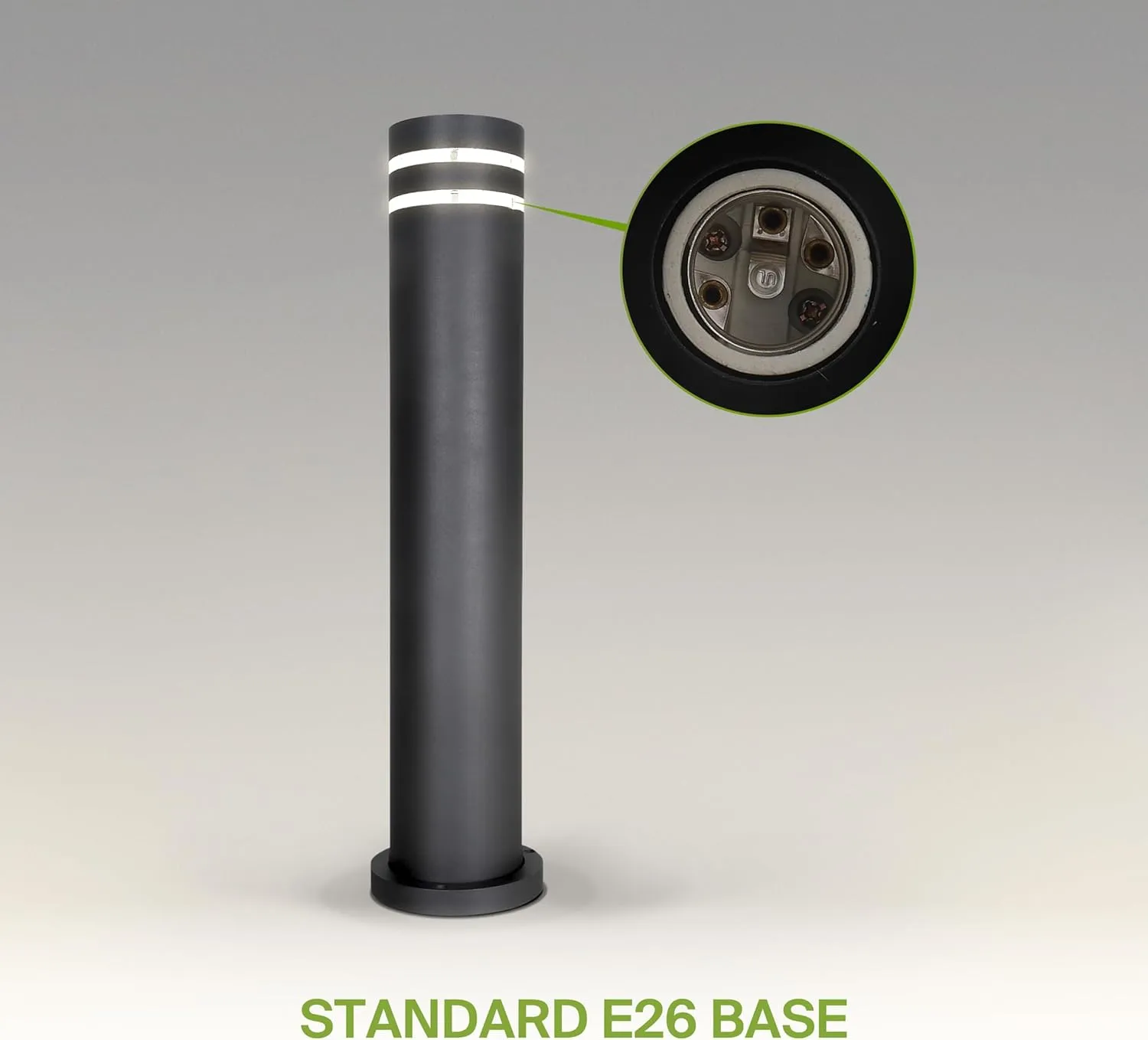 ASD 24 Inch Round Bollard Light Fixture | 60W E26 Socket 120V | Dimmable, Waterproof, LED/CFL/Incandescent Bulbs Compatible, ETL Listed | Outdoor Floor Lantern, Landscape Post Lighting | Black