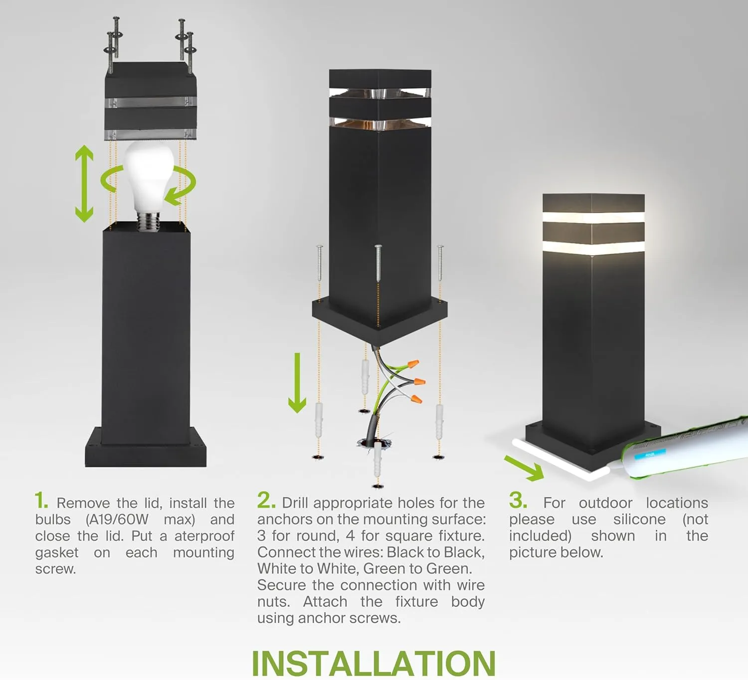 ASD 24 Inch Square Bollard Light Fixture | 60W E26 Socket 120V | Dimmable, Waterproof, LED/CFL/Incandescent Bulbs Compatible, ETL Listed | Outdoor Floor Lantern, Landscape Lighting | Black, 4 Pack