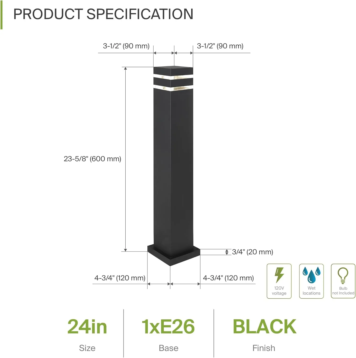 ASD 24 Inch Square Bollard Light Fixture | 60W E26 Socket 120V | Dimmable, Waterproof, LED/CFL/Incandescent Bulbs Compatible, ETL Listed | Outdoor Floor Lantern, Landscape Lighting | Black, 4 Pack