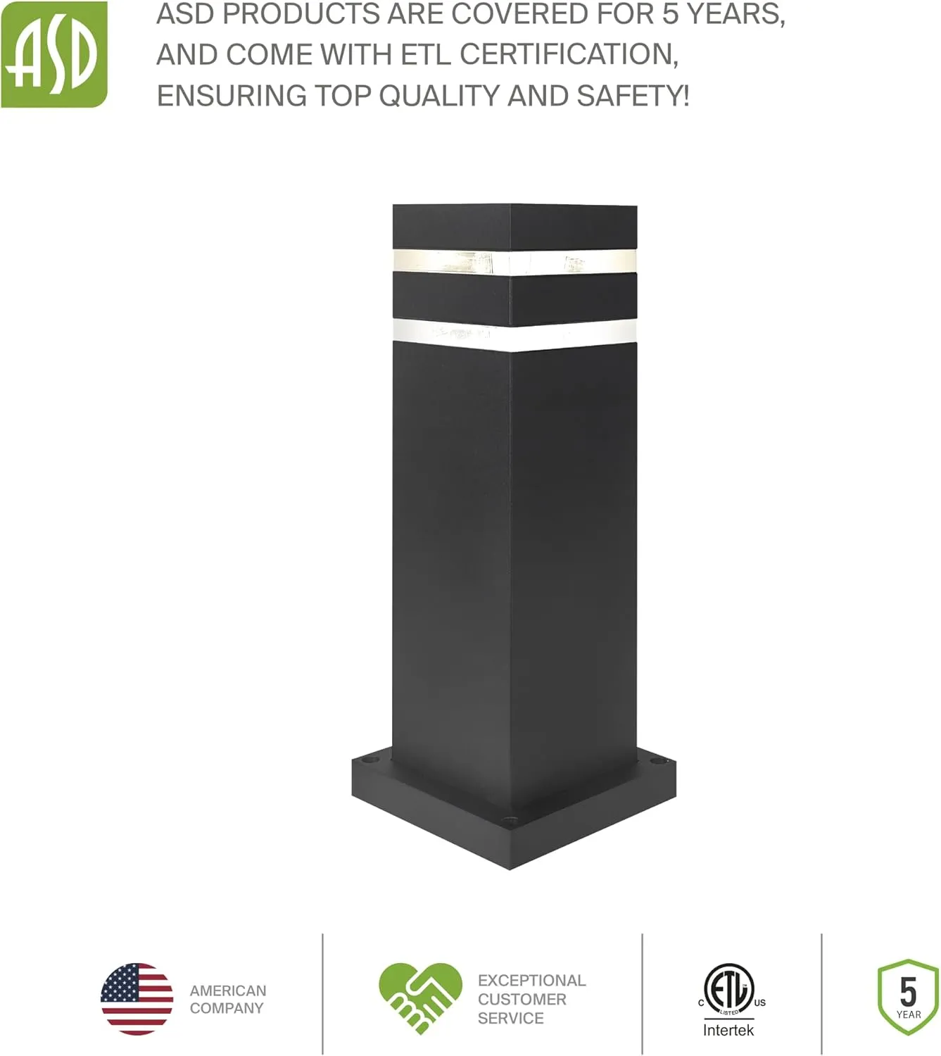 ASD 24 Inch Square Bollard Light Fixture | 60W E26 Socket 120V | Dimmable, Waterproof, LED/CFL/Incandescent Bulbs Compatible, ETL Listed | Outdoor Floor Lantern, Landscape Post Lighting | Black
