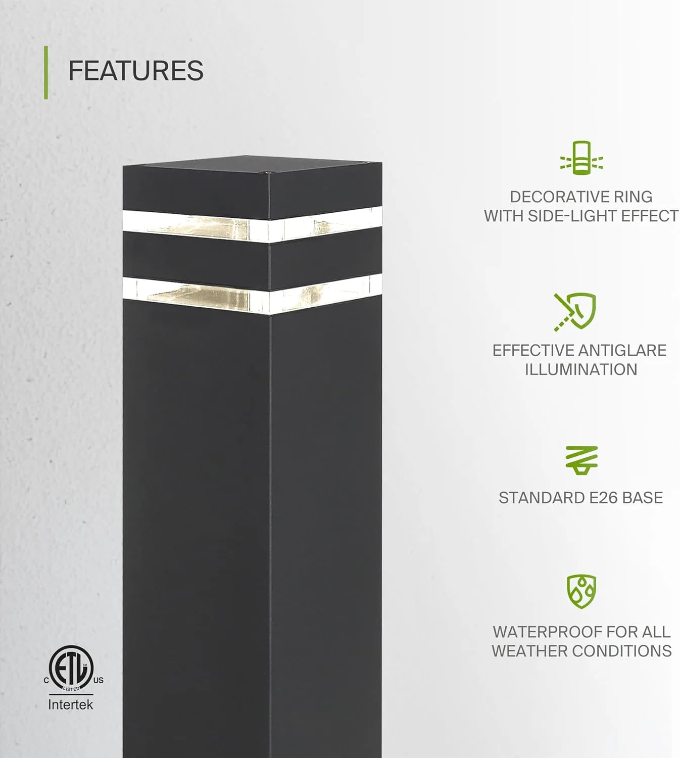 ASD 24 Inch Square Bollard Light Fixture | 60W E26 Socket 120V | Dimmable, Waterproof, LED/CFL/Incandescent Bulbs Compatible, ETL Listed | Outdoor Floor Lantern, Landscape Post Lighting | Black