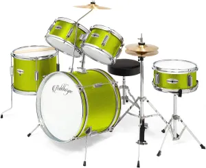 Ashthorpe 5-Piece Complete Junior Drum Set with Genuine Brass Cymbals - Advanced Beginner Kit with 16" Bass, Adjustable Throne, Cymbals, Hi-Hats, Pedals & Drumsticks - Green