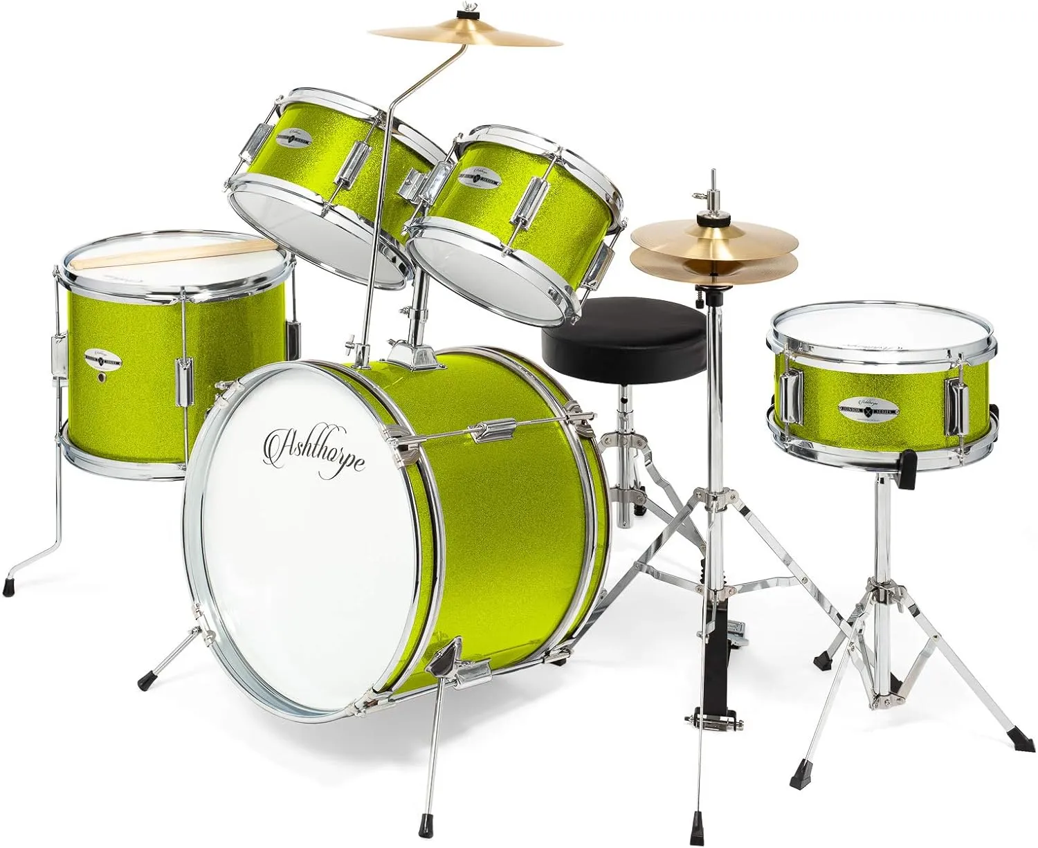 Ashthorpe 5-Piece Complete Junior Drum Set with Genuine Brass Cymbals - Advanced Beginner Kit with 16" Bass, Adjustable Throne, Cymbals, Hi-Hats, Pedals & Drumsticks - Green