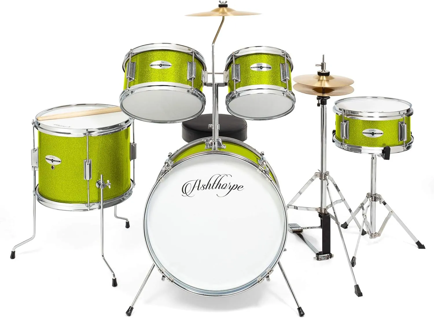 Ashthorpe 5-Piece Complete Junior Drum Set with Genuine Brass Cymbals - Advanced Beginner Kit with 16" Bass, Adjustable Throne, Cymbals, Hi-Hats, Pedals & Drumsticks - Green