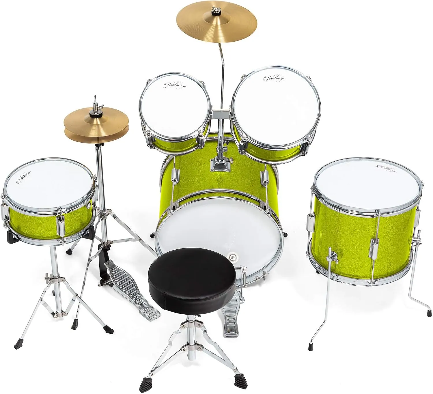 Ashthorpe 5-Piece Complete Junior Drum Set with Genuine Brass Cymbals - Advanced Beginner Kit with 16" Bass, Adjustable Throne, Cymbals, Hi-Hats, Pedals & Drumsticks - Green