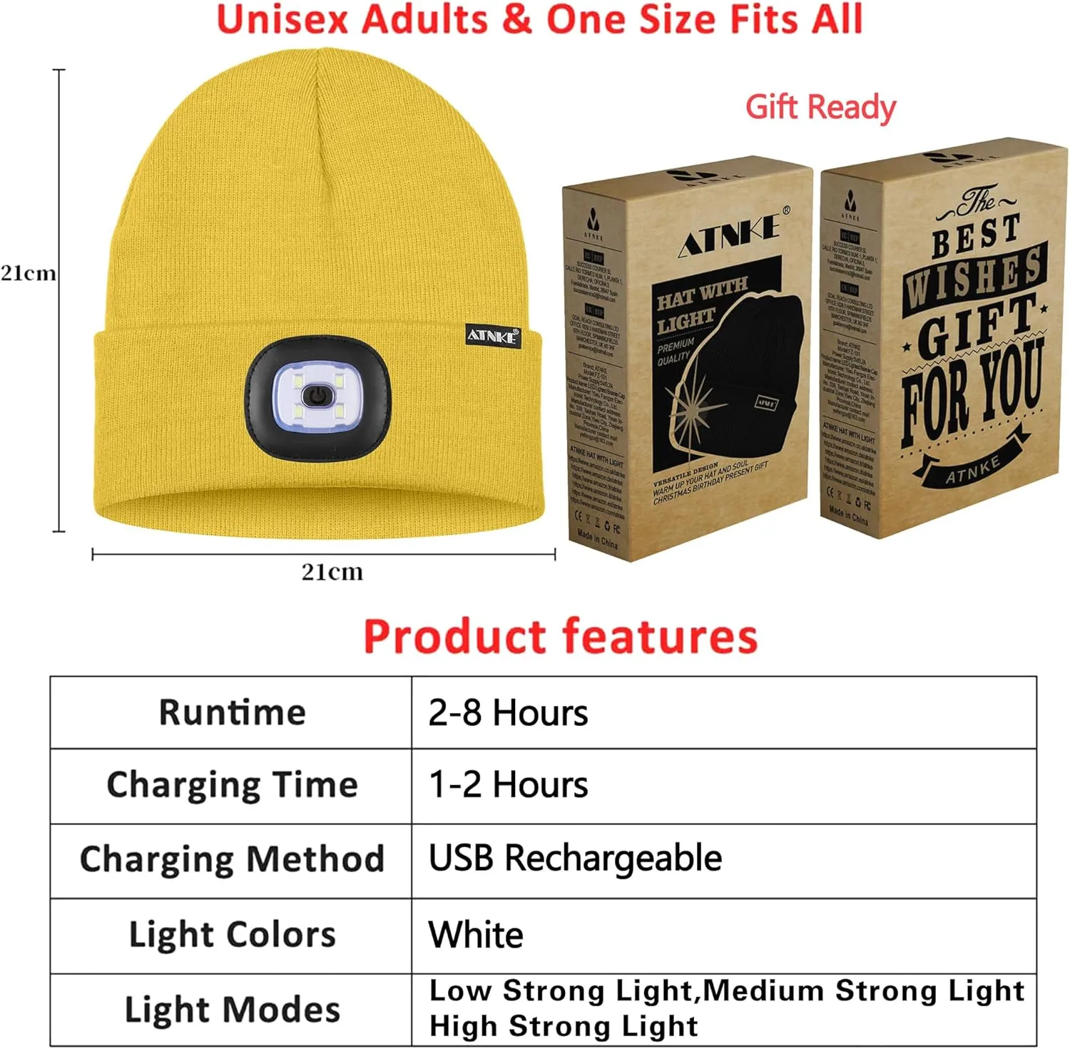 ATNKE 2Pcs LED Lighted Beanie Hat,USB Rechargeable 4 LED Running Headlamp Bright Cap with Light Gifts for Men and Women