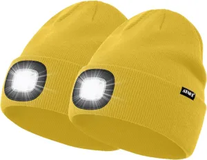 ATNKE 2Pcs LED Lighted Beanie Hat,USB Rechargeable 4 LED Running Headlamp Bright Cap with Light Gifts for Men and Women