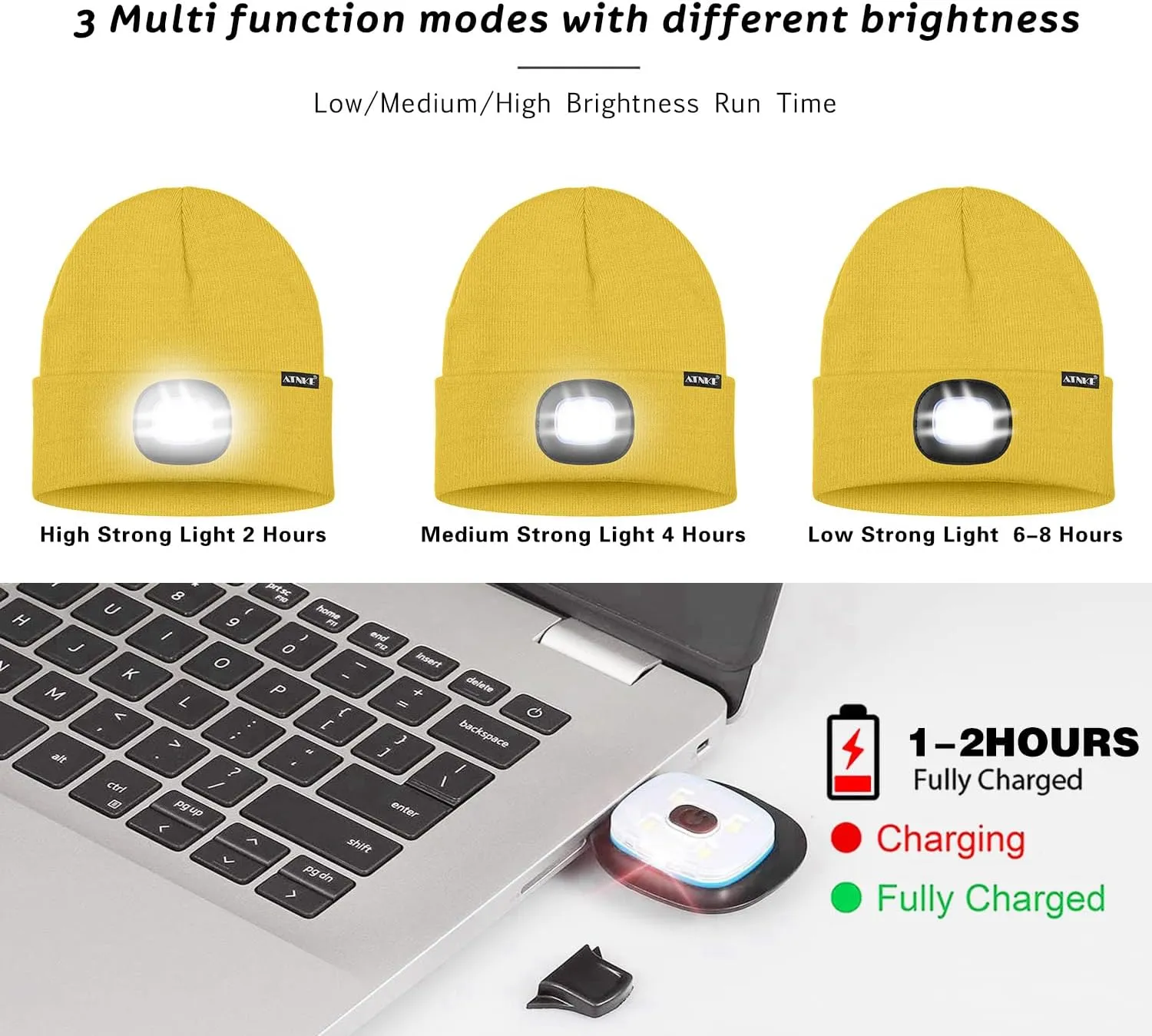 ATNKE 2Pcs LED Lighted Beanie Hat,USB Rechargeable 4 LED Running Headlamp Bright Cap with Light Gifts for Men and Women