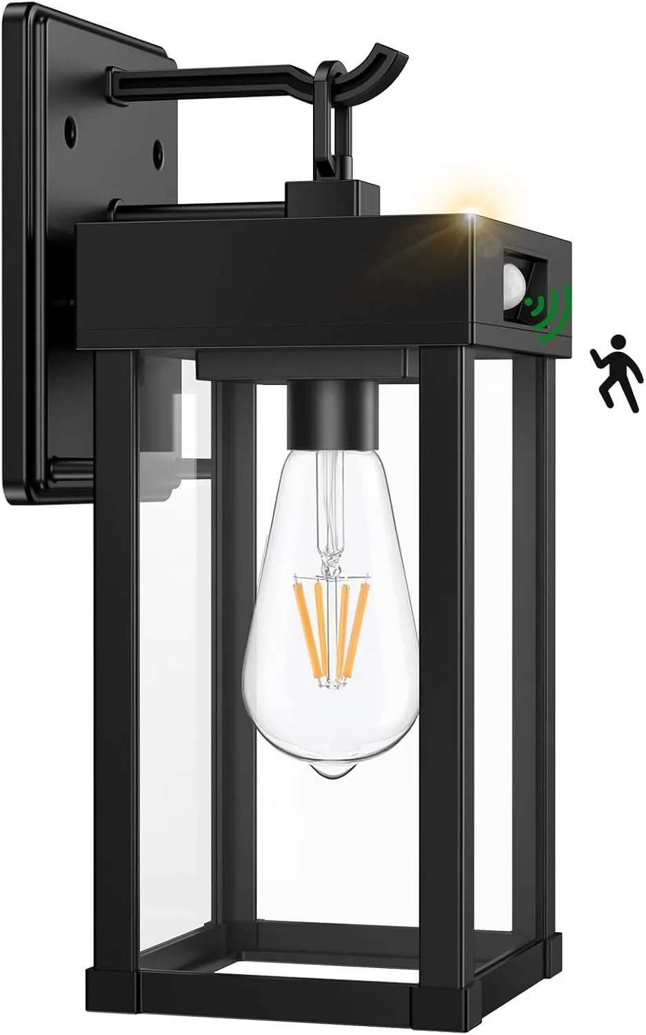 Auzev Outdoor Solar Wall Lights Fixtures Exterior Solar Wall Lantern Lights With Clear Panel, Wall Mount Motion Sensor 3Lighting Modes Modern Sconce Waterproof Outside Lamp for House Garage (Black-1P)