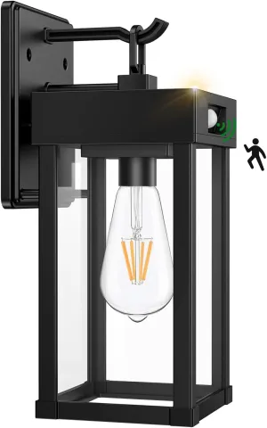 Auzev Outdoor Solar Wall Lights Fixtures Exterior Solar Wall Lantern Lights With Clear Panel, Wall Mount Motion Sensor 3Lighting Modes Modern Sconce Waterproof Outside Lamp for House Garage (Black-1P)
