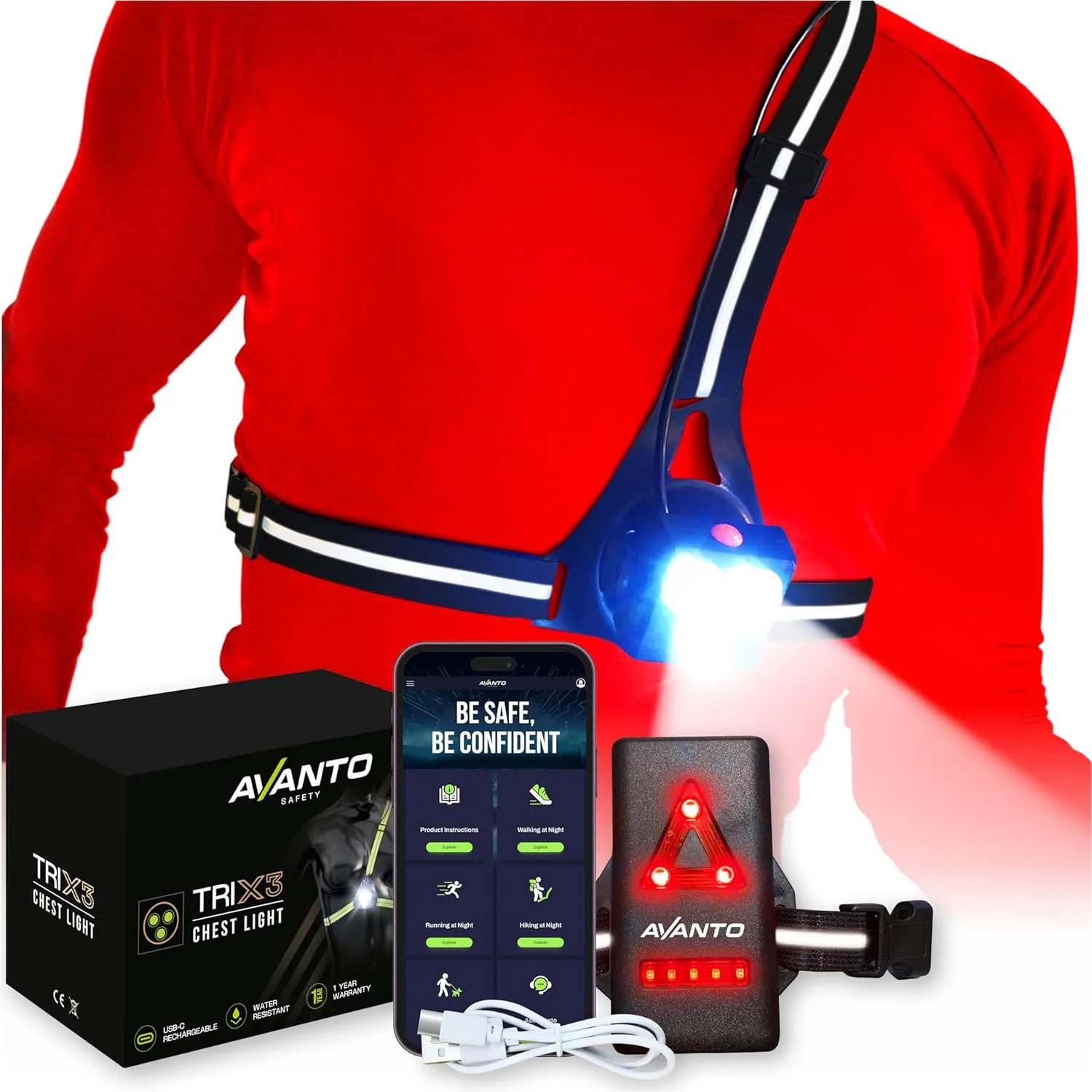 AVANTO Triple Beam Chest Lamp, Original, 500 Lumen LED Night Running Lights for Runners, Dog Walking Light, Long 5-7h Usetime, USB-C Rechargeable Battery, Running Headlamp, Reflective Vest