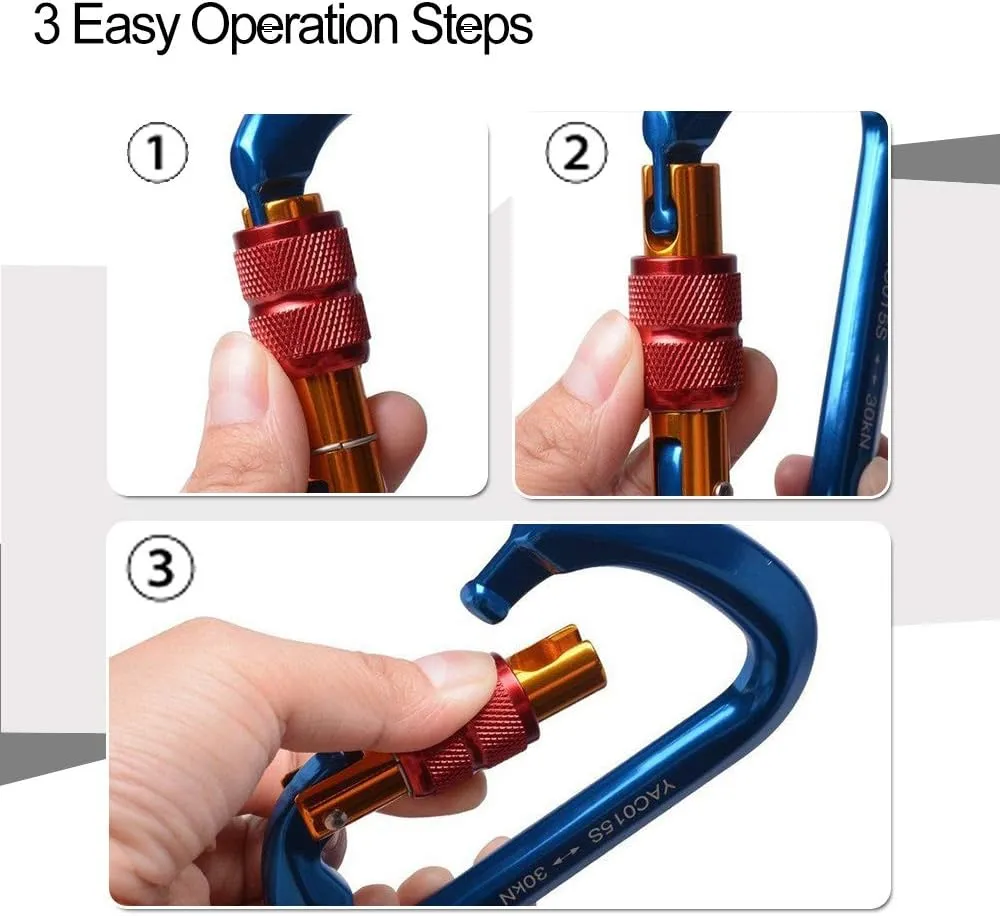 Ayamaya Climbing Carabiners - 3 Pack Screwgate Locking Carabiner 30KN (6744 lbs) Heavy Duty Gears for Rock Climbing, Rappelling, Swing Rescue & Gym, Large D-Shaped Carabiners