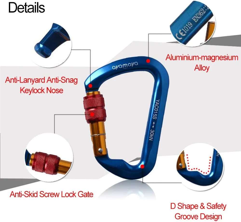 Ayamaya Climbing Carabiners - 3 Pack Screwgate Locking Carabiner 30KN (6744 lbs) Heavy Duty Gears for Rock Climbing, Rappelling, Swing Rescue & Gym, Large D-Shaped Carabiners