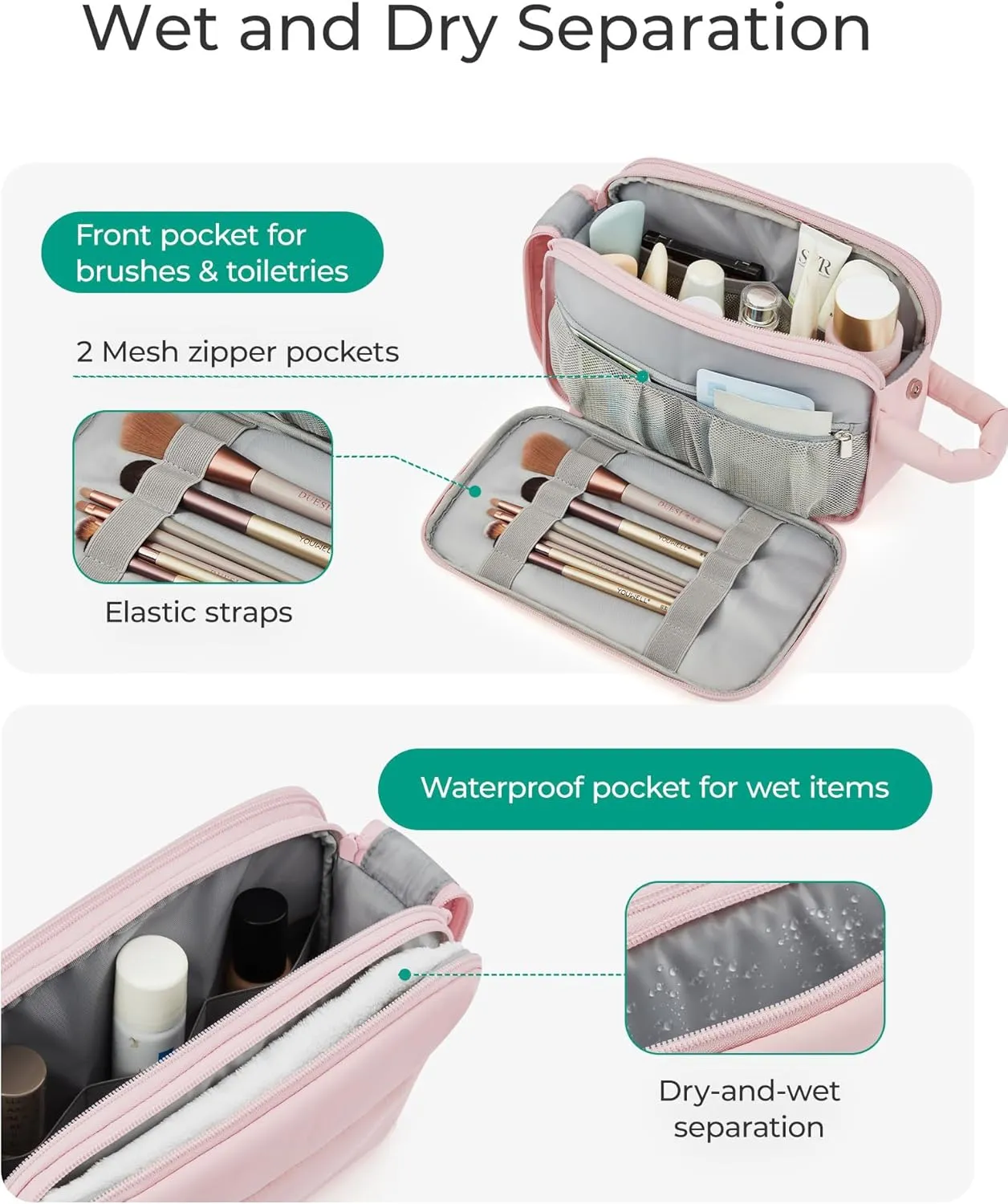 BAGSMART Travel Toiletry Bag for Women, Puffy Cosmetic Makeup Bag Organizer, Large Wide-open Travel Organizer for Toiletries, Dopp Kit Water-resistant Makeup Case for Accessories-Camel