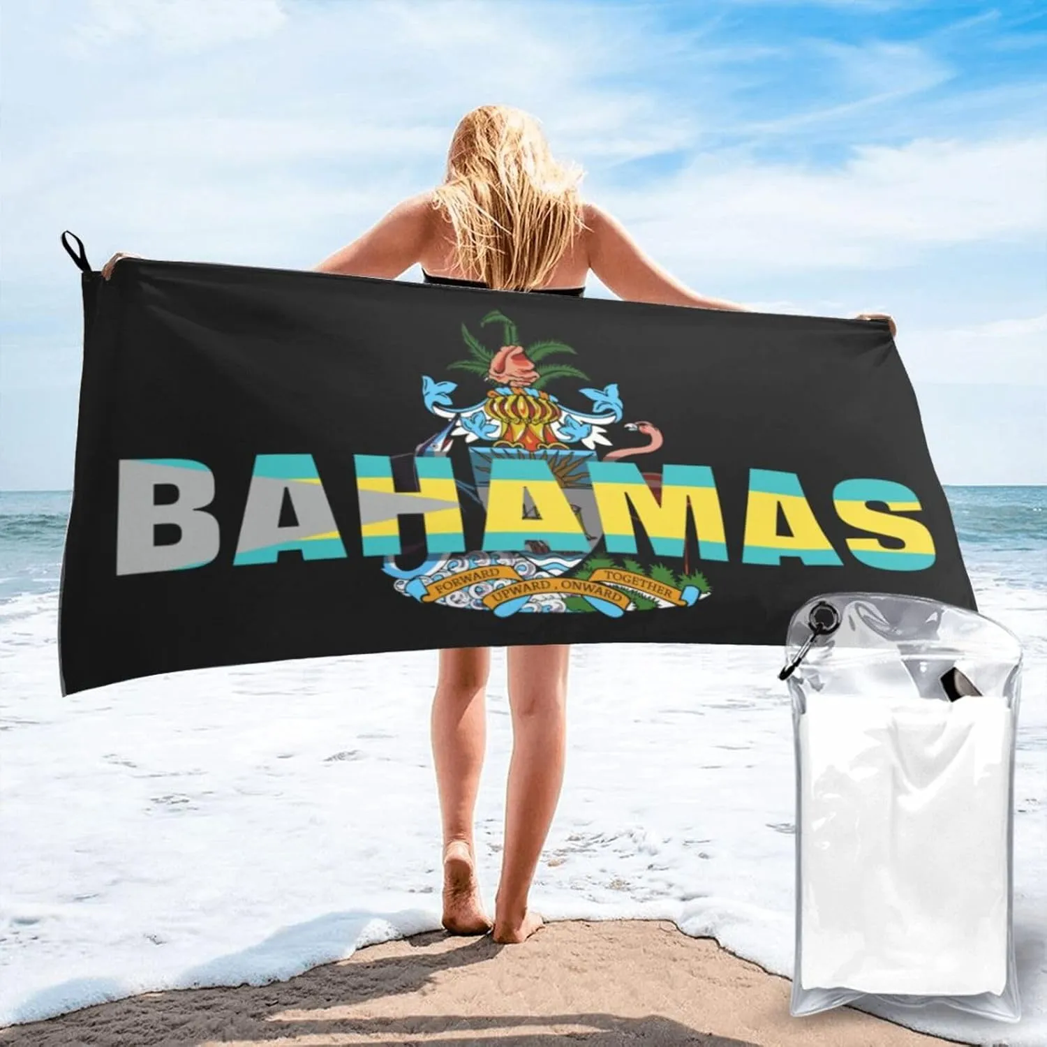 Bahamas Emblem and Flag Beach Towels for Women Men 31 x 63 inches Bath Towel with Travel Bag Quick Dry Swim Towels for Sport Gift