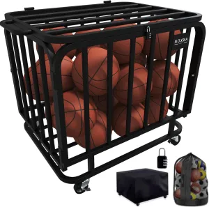Ball Cart - Basketball Cart with Wheels, Ball Cage Garage Sports Equipment Organizer, Metal Rolling Multi Sports Ball Storage for Gym, Lockable Lid, Indoor and Outdoor.