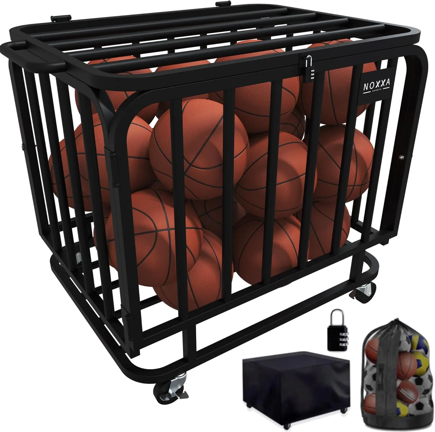 Ball Cart - Basketball Cart with Wheels, Ball Cage Garage Sports Equipment Organizer, Metal Rolling Multi Sports Ball Storage for Gym, Lockable Lid, Indoor and Outdoor.