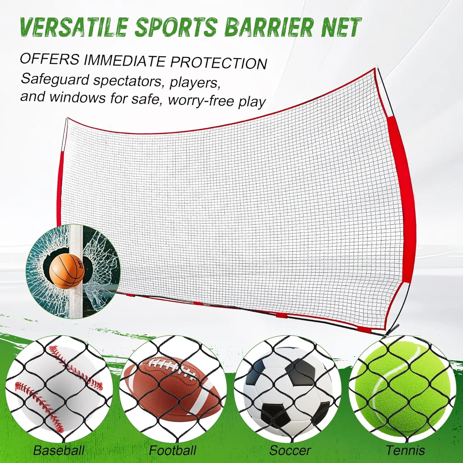 Barricade Backstop Net Heavy-Duty Sports Barrier Net for Baseball, Soccer, Volleyball & Backyard Training, Portable Collapsible Design, Quick Setup with Ground Stakes​