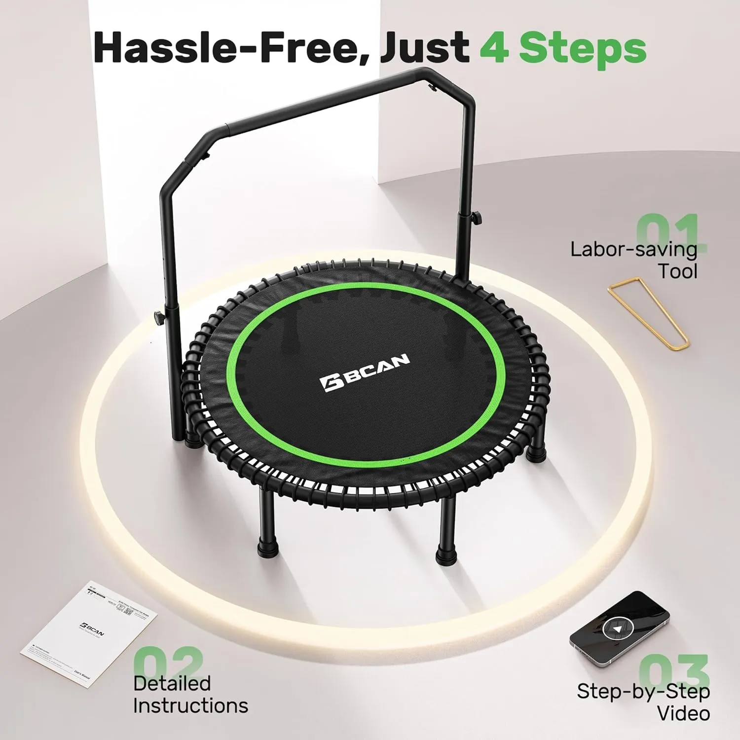 BCAN 450/550 LBS Foldable Mini Trampoline, 40"/48" Fitness Trampoline with Bungees, U Shape Adjustable Foam Handle, Stable & Quiet Exercise Rebounder for Adults Indoor/Outdoor Workout