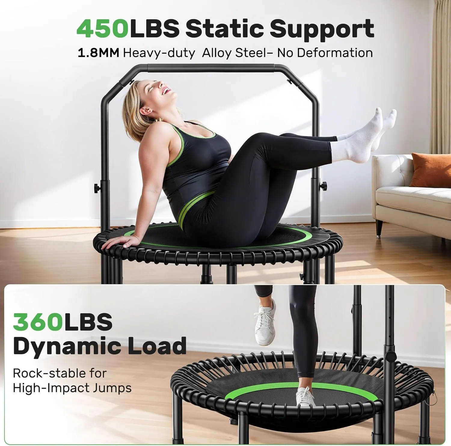 BCAN 450/550 LBS Foldable Mini Trampoline, 40"/48" Fitness Trampoline with Bungees, U Shape Adjustable Foam Handle, Stable & Quiet Exercise Rebounder for Adults Indoor/Outdoor Workout