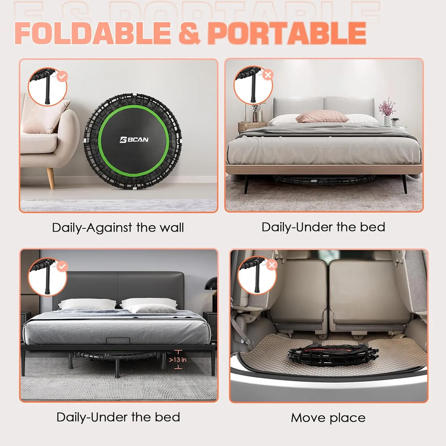 BCAN 450LBS/550LBS Foldable Mini Trampoline, 40"/48" Fitness Trampoline with Durable Bungees, Stable & Quiet Exercise Rebounder for Adults,Great Mini Trampoline for Indoor/Garden Workout - 2