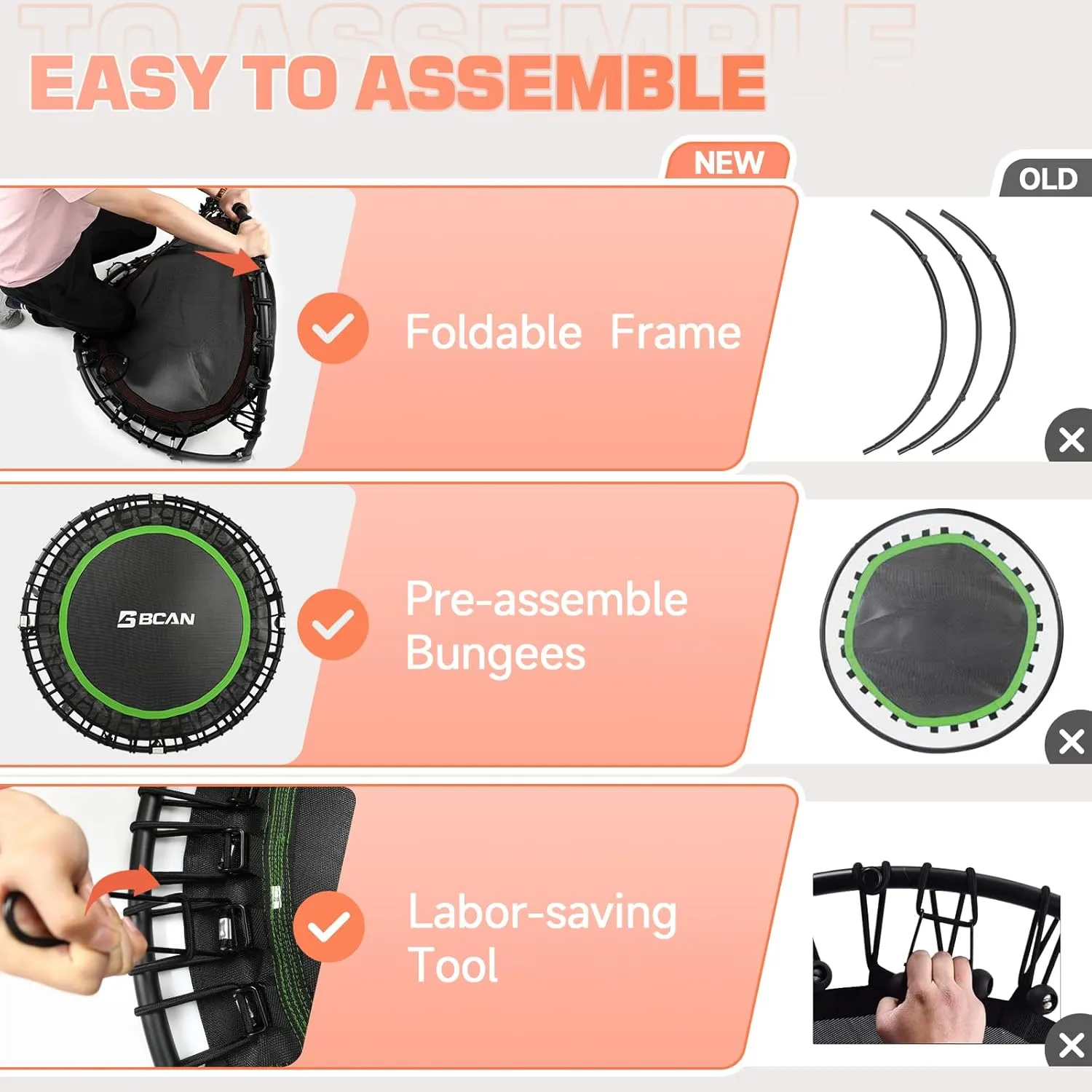 BCAN 450LBS/550LBS Foldable Mini Trampoline, 40"/48" Fitness Trampoline with Durable Bungees, Stable & Quiet Exercise Rebounder for Adults,Great Mini Trampoline for Indoor/Garden Workout - 2