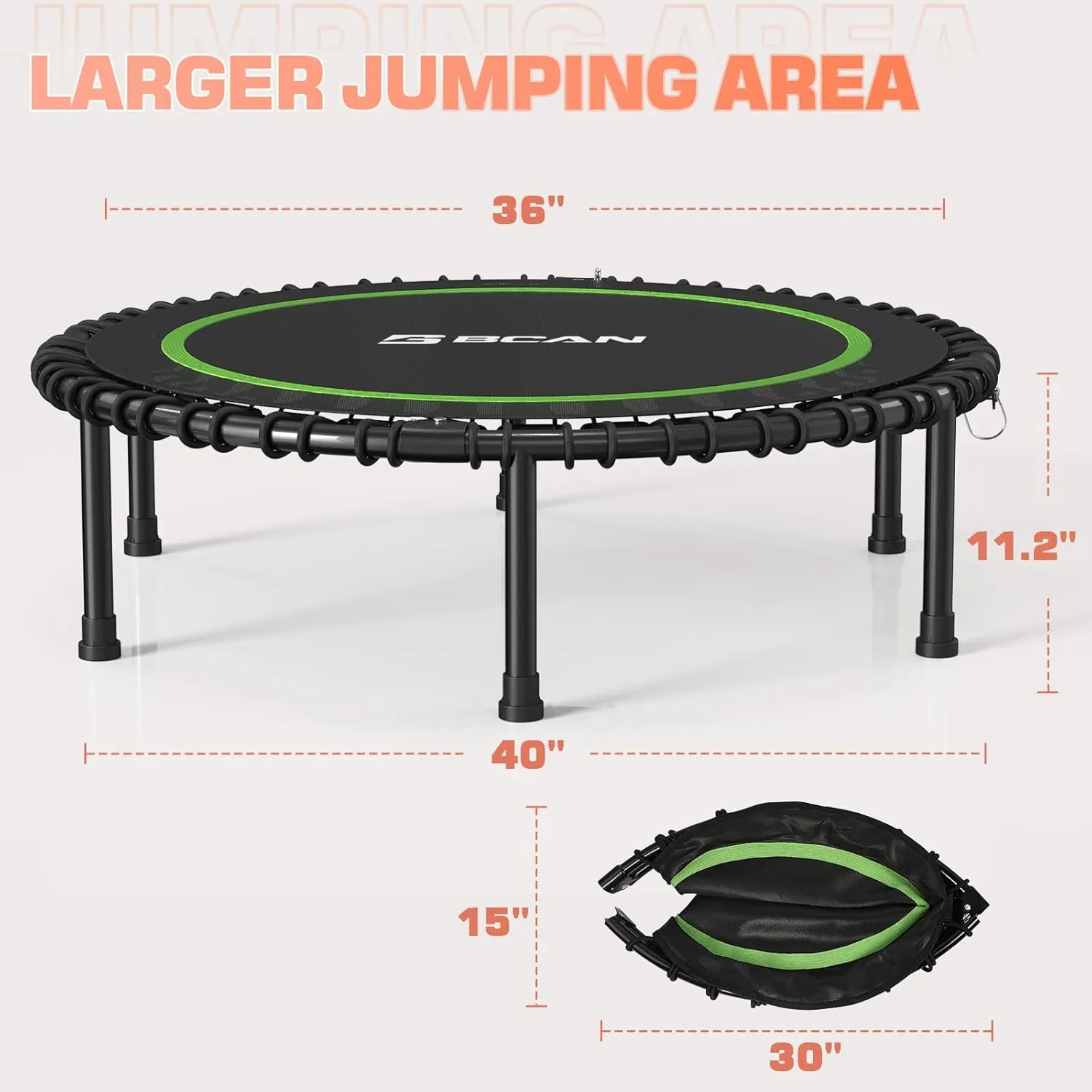 BCAN 450LBS/550LBS Foldable Mini Trampoline, 40"/48" Fitness Trampoline with Durable Bungees, Stable & Quiet Exercise Rebounder for Adults,Great Mini Trampoline for Indoor/Garden Workout - 2