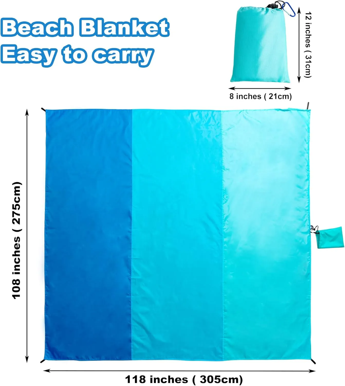 Beach Blanket 108"*118" Extra Large Double-Sided Waterproof Sandproof with 2 Pillows Beach Mat Quick Drying Lightweight with 4 Stakes&4 Corner Pockets for 1-8 Adults for Camping Picnic Hiking