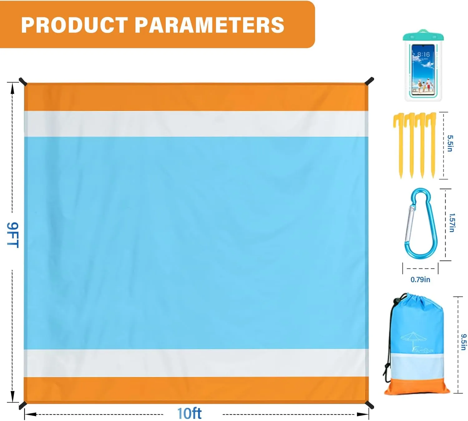 Beach Blanket Oversized Extra Large 10'X 9',Waterproof Sandproof Beach Blanket 2-8 Adults Lightweight Durable for Travel Camping Hiking Picnic (10'X 9', Orange&Blue)