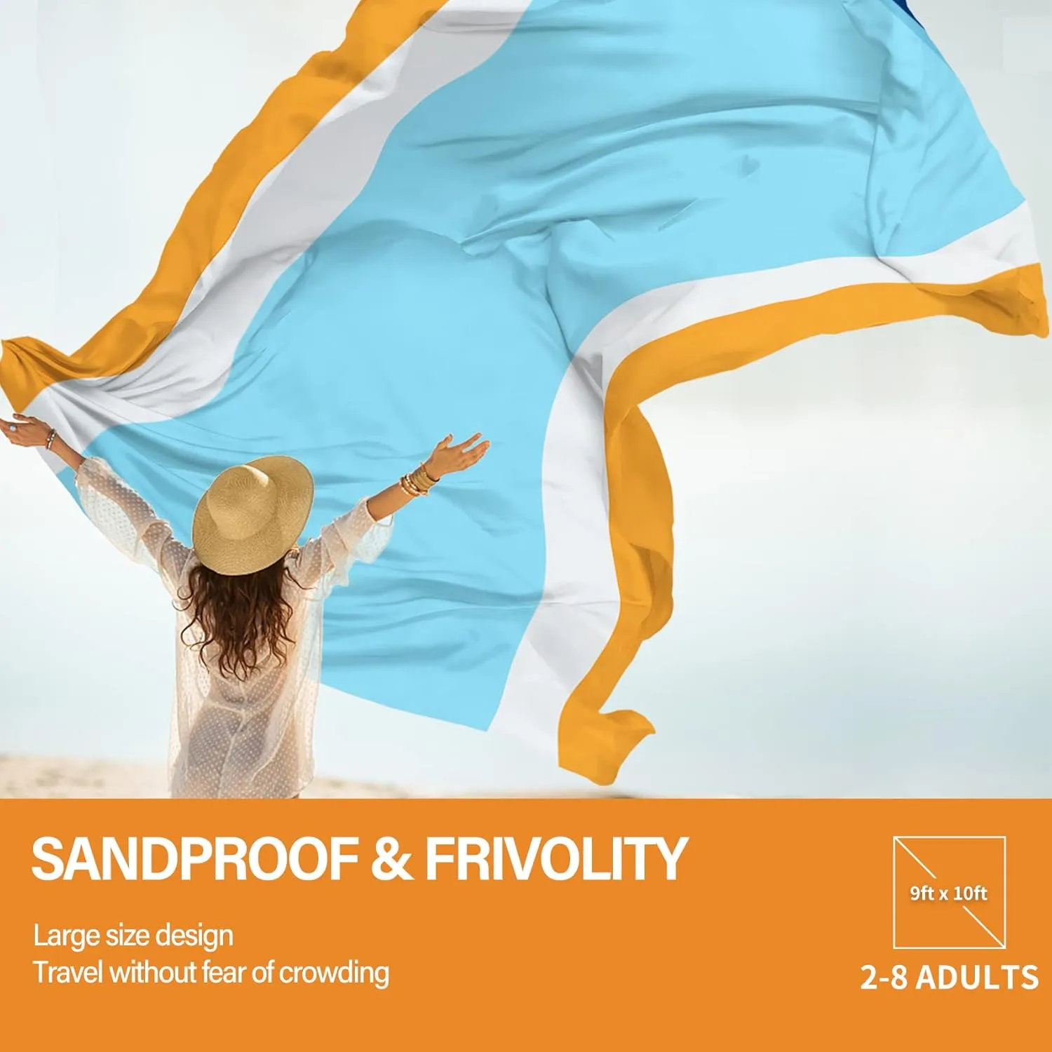 Beach Blanket Oversized Extra Large 10'X 9',Waterproof Sandproof Beach Blanket 2-8 Adults Lightweight Durable for Travel Camping Hiking Picnic (10'X 9', Orange&Blue)