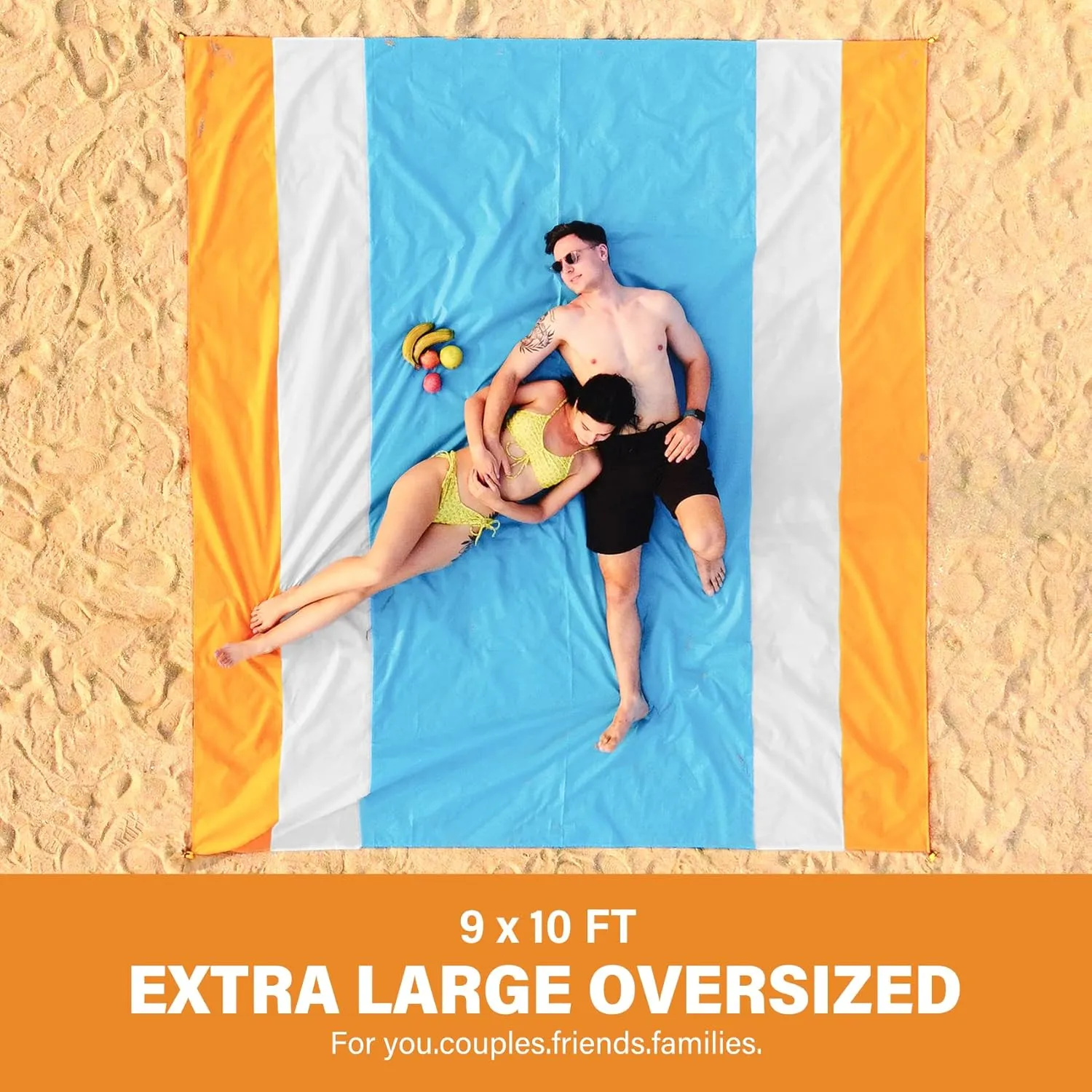 Beach Blanket Oversized Extra Large 10'X 9',Waterproof Sandproof Beach Blanket 2-8 Adults Lightweight Durable for Travel Camping Hiking Picnic (10'X 9', Orange&Blue)