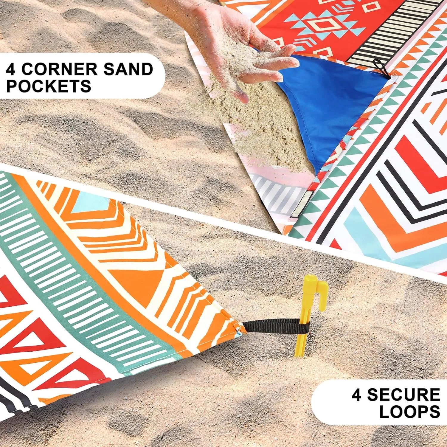 Beach Blanket Sandproof Extra Large Beach Mat Adults Waterproof Quick Drying Sand Free Mat Made by Premium Polyester with 4 Stakes & 4 Corner Pockets for Outdoor Travel Camping Hiking