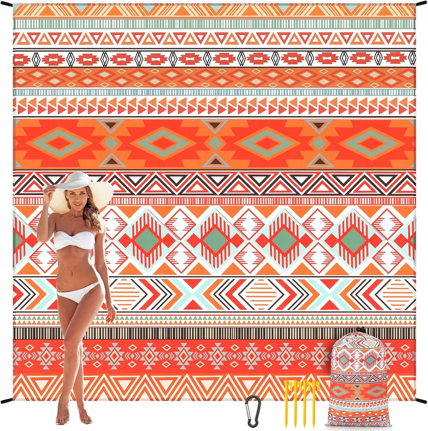 Beach Blanket Sandproof Extra Large Beach Mat Adults Waterproof Quick Drying Sand Free Mat Made by Premium Polyester with 4 Stakes & 4 Corner Pockets for Outdoor Travel Camping Hiking
