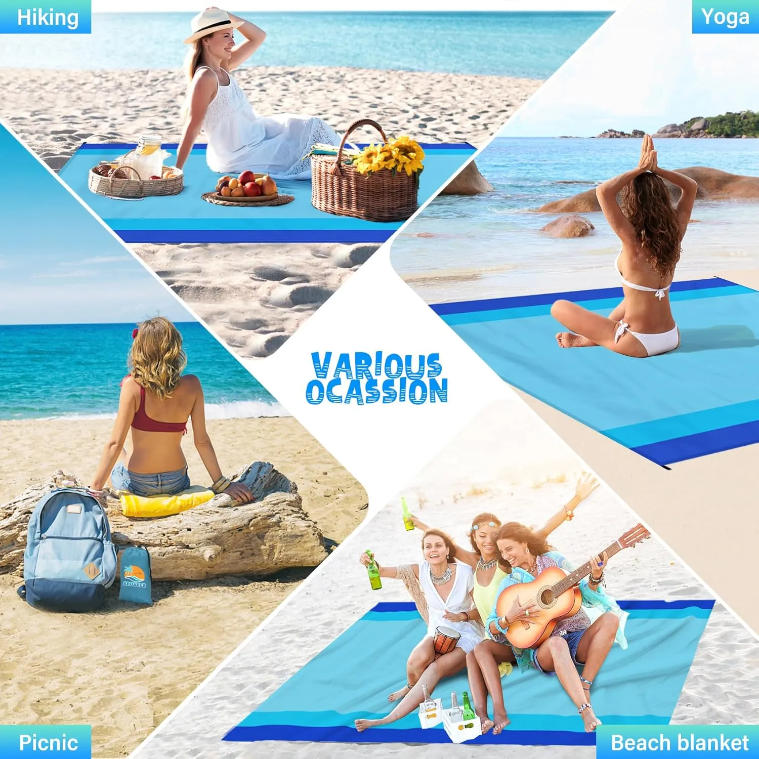 Beach Blanket Waterproof Sandproof 1-8 Adult Oversized 9'×10' Lightweight Durable Compact Sand Free Beach Mat for Travel Camping Hiking Picnic Blanket