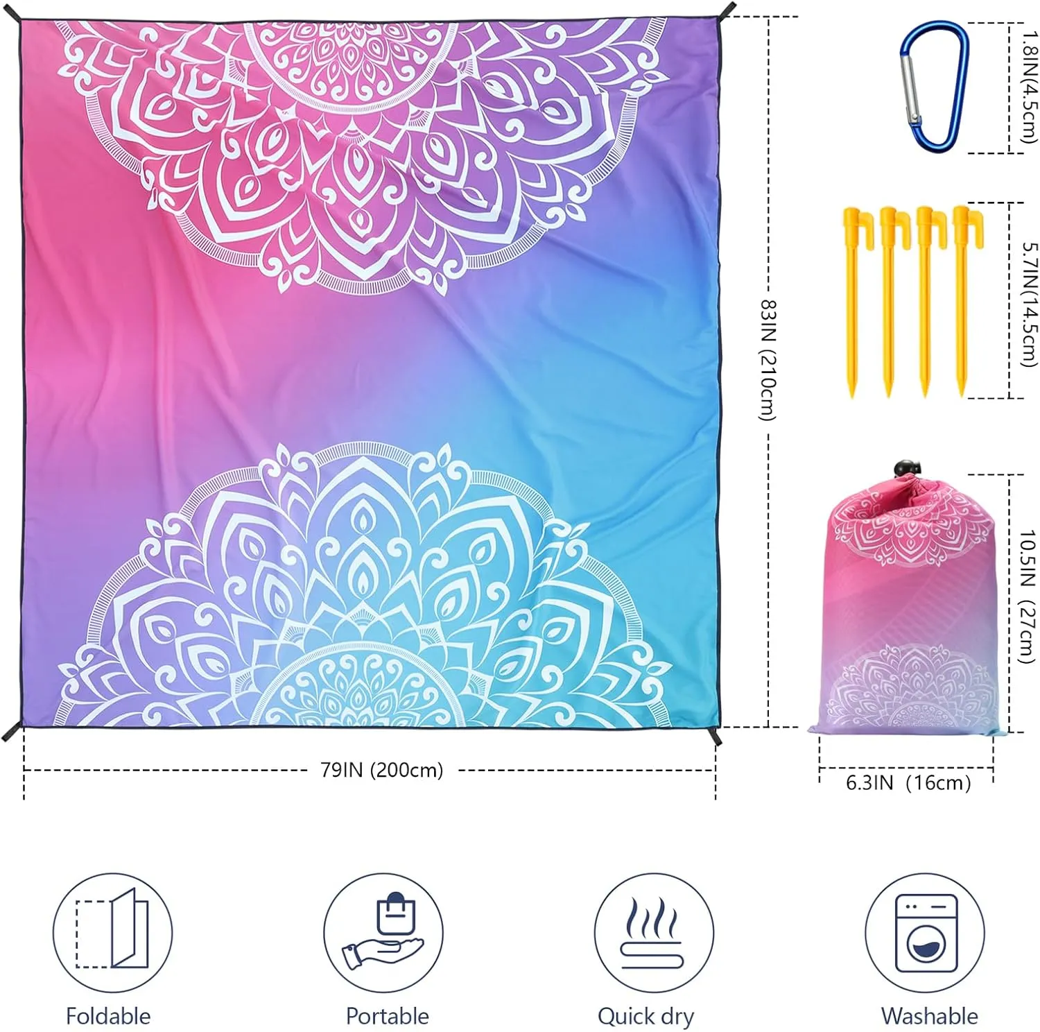 Beach Blanket Waterproof Sandproof Beach Mat 79" X 83" /10'x9'for 2-8 Adults Quick Drying Outdoor Picnic Mat Beach Accessories for Travel, Camping, Hiking