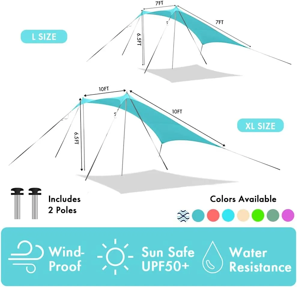 Beach Shade Windproof Design, Sun Shelter UPF50  Portable Family Tent with 6 Sandbags Anchors 7x7 FT 2 Pole Pop Up Outdoor Shelter for Beach, Camping, Fishing, Backyard and Picnics