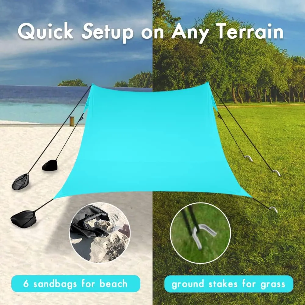 Beach Shade Windproof Design, Sun Shelter UPF50  Portable Family Tent with 6 Sandbags Anchors 7x7 FT 2 Pole Pop Up Outdoor Shelter for Beach, Camping, Fishing, Backyard and Picnics