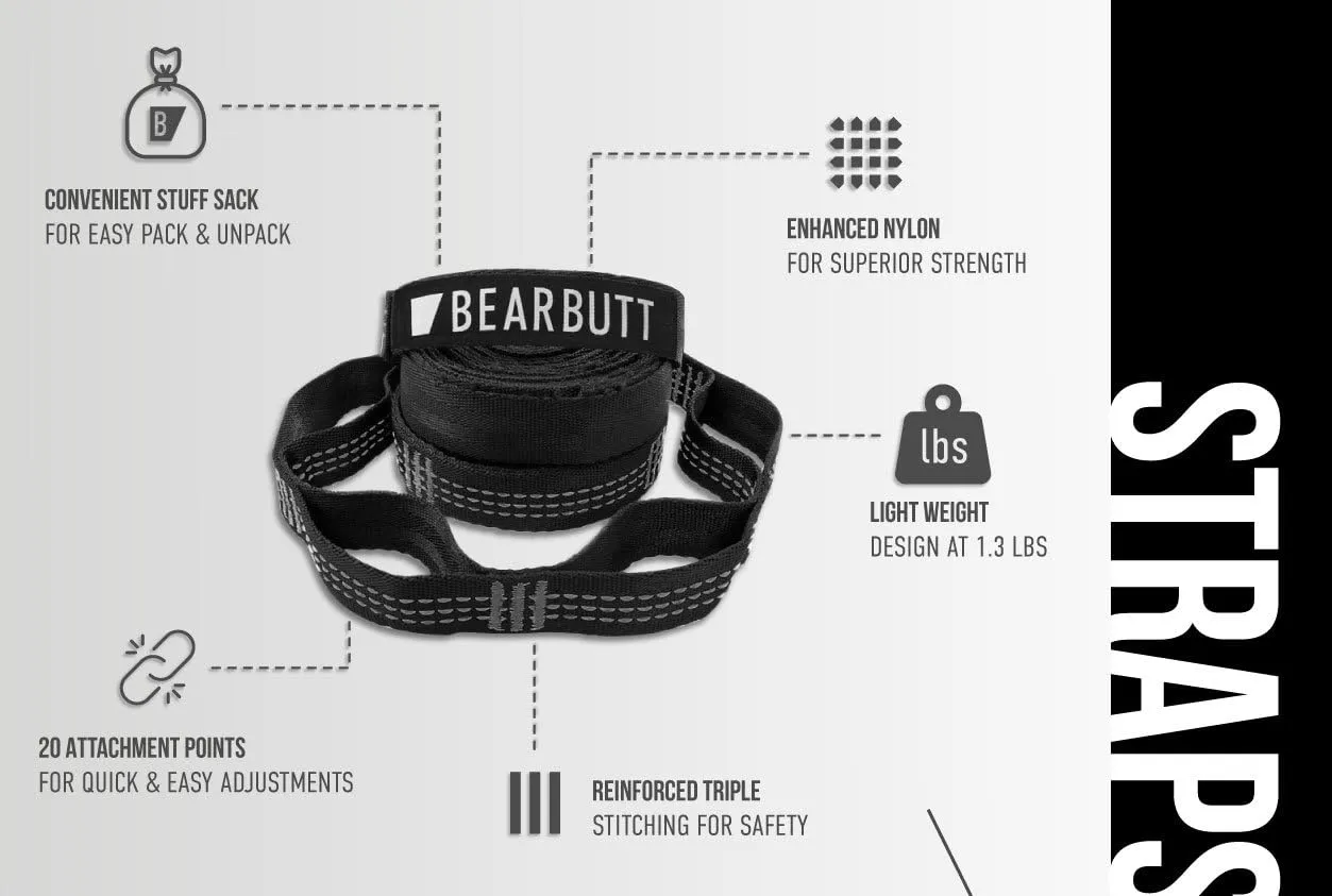 Bear Butt Kodiak Hammock Straps for Trees - 20 Feet Long, 40 Combined Loops - Holds 1000 Pounds - Camping Accessories With Carabiner