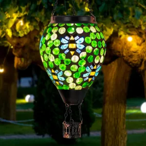 Bee Solar Hot Air Balloon Lantern Outdoor Waterproof, Green Mosaic Glass Hanging Solar Lantern Lights, Outdoor Hanging Lights for Patio Yard Garden Gift for Mom Grandma Women