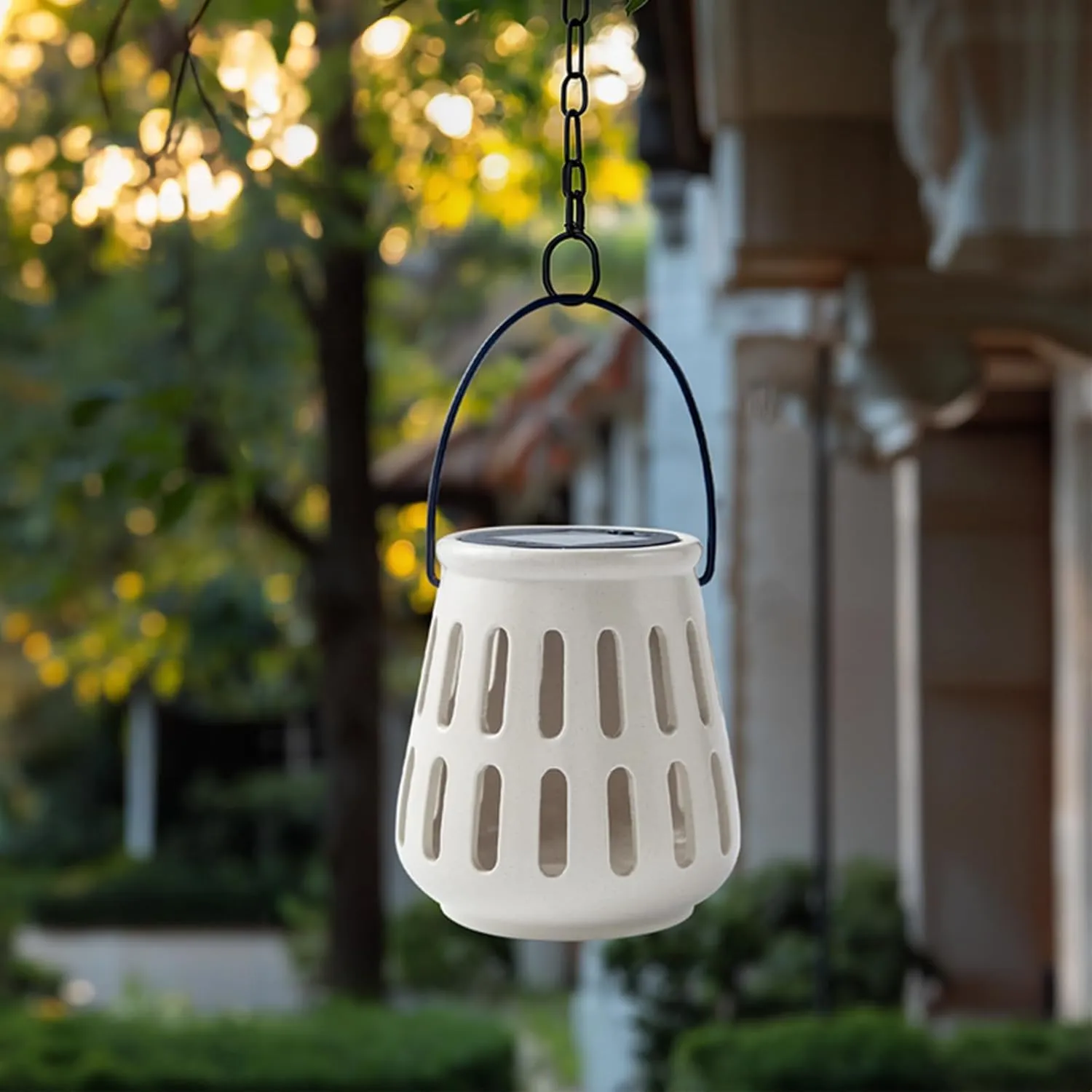 Beige Outdoor Solar Lantern Waterproof for Patio Garden Porch Decor, Ceramic Solar Powered Light with Light Sensor, Hanging Hollow Lanterns Home Decor, Tabletop Lantern Wedding Women Gift Birthday