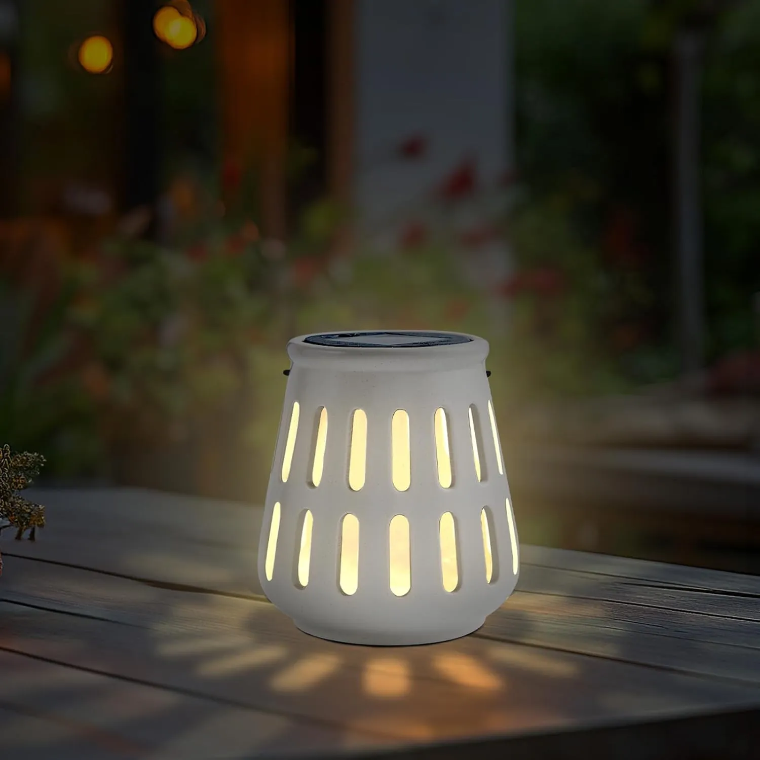 Beige Outdoor Solar Lantern Waterproof for Patio Garden Porch Decor, Ceramic Solar Powered Light with Light Sensor, Hanging Hollow Lanterns Home Decor, Tabletop Lantern Wedding Women Gift Birthday