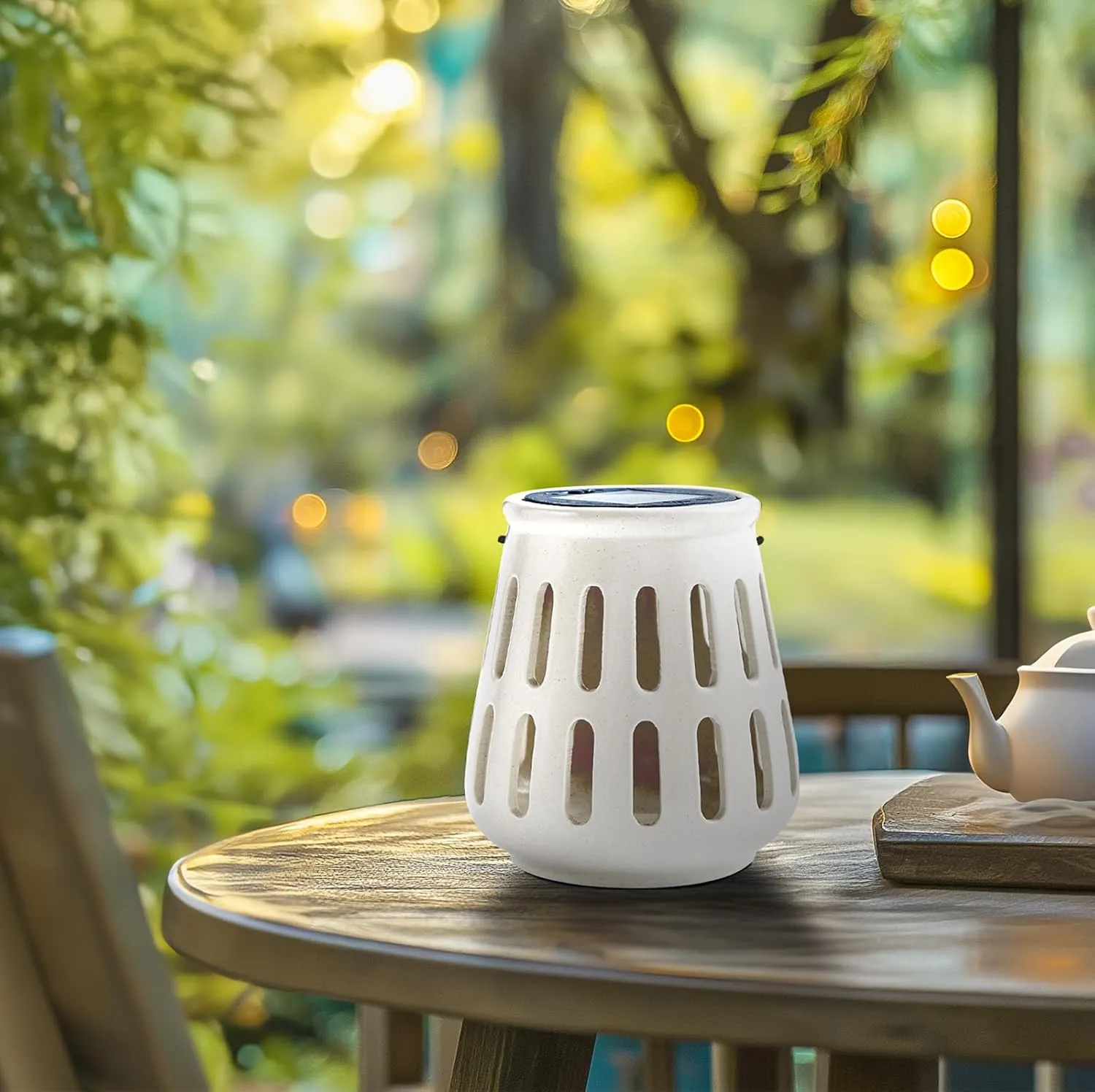 Beige Outdoor Solar Lantern Waterproof for Patio Garden Porch Decor, Ceramic Solar Powered Light with Light Sensor, Hanging Hollow Lanterns Home Decor, Tabletop Lantern Wedding Women Gift Birthday