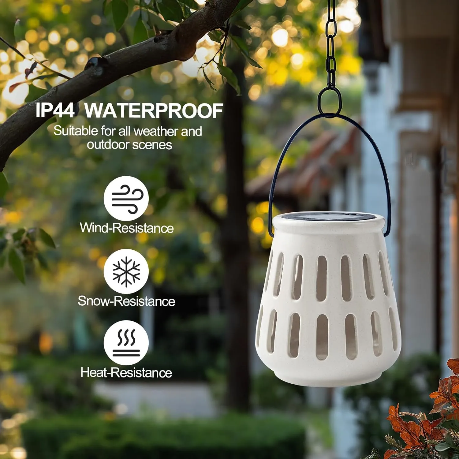 Beige Outdoor Solar Lantern Waterproof for Patio Garden Porch Decor, Ceramic Solar Powered Light with Light Sensor, Hanging Hollow Lanterns Home Decor, Tabletop Lantern Wedding Women Gift Birthday