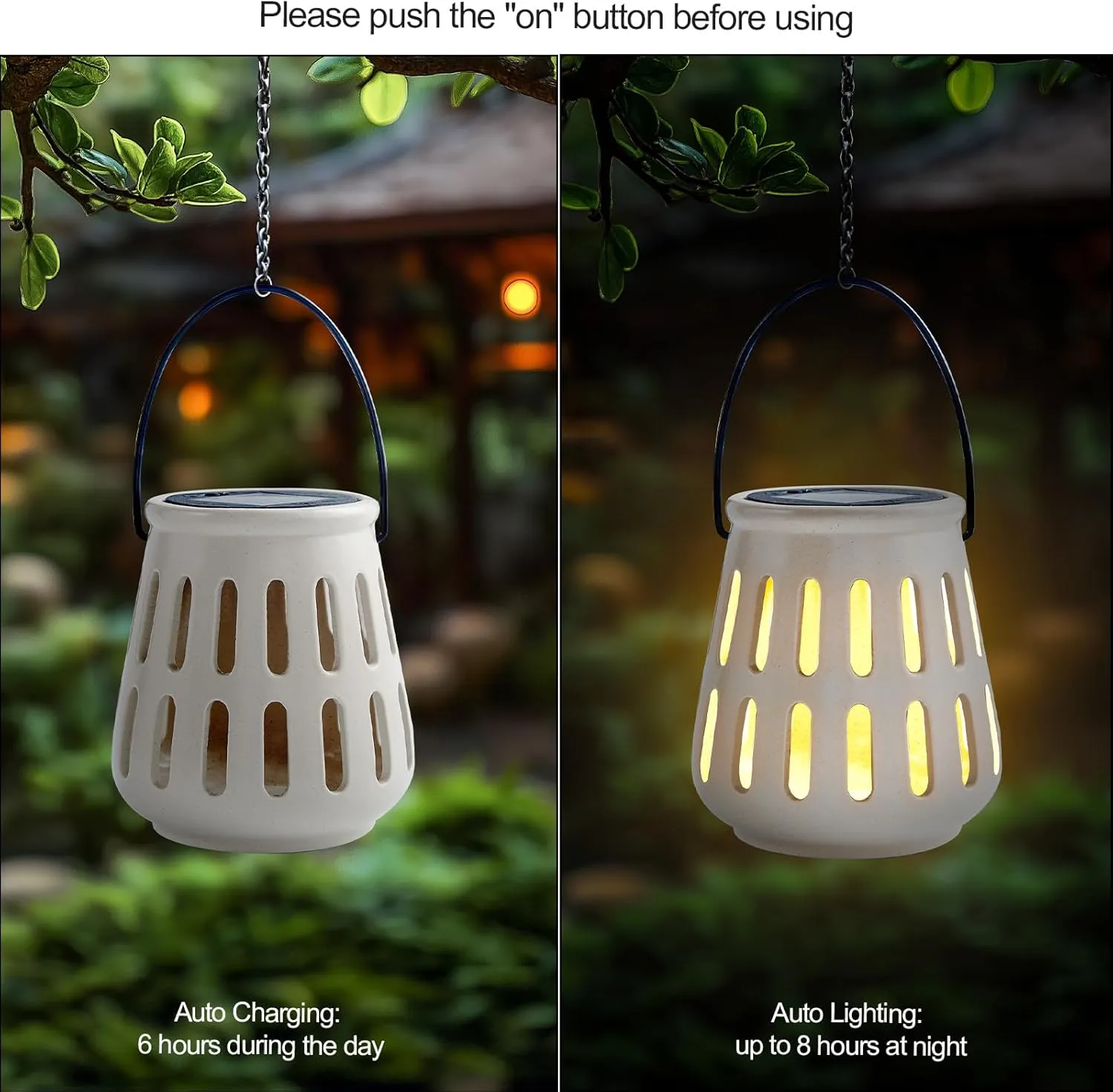 Beige Outdoor Solar Lantern Waterproof for Patio Garden Porch Decor, Ceramic Solar Powered Light with Light Sensor, Hanging Hollow Lanterns Home Decor, Tabletop Lantern Wedding Women Gift Birthday