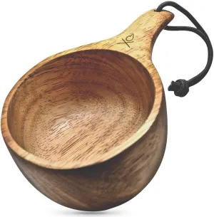 überleben Dursten Lore Kuksa Wooden Mug – Handcarved 12oz Wooden Cup, Lightweight Camping Bowl and Hiking Coffee Mug, Traditional Nordic Bushcraft Gear with Lanyard and Carabiner