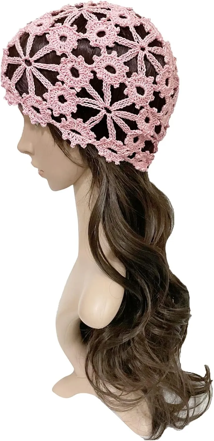BIBITIME Women Lace Crochet Beanie Hat Handmade Knitted Cutout Floral Skull Cap