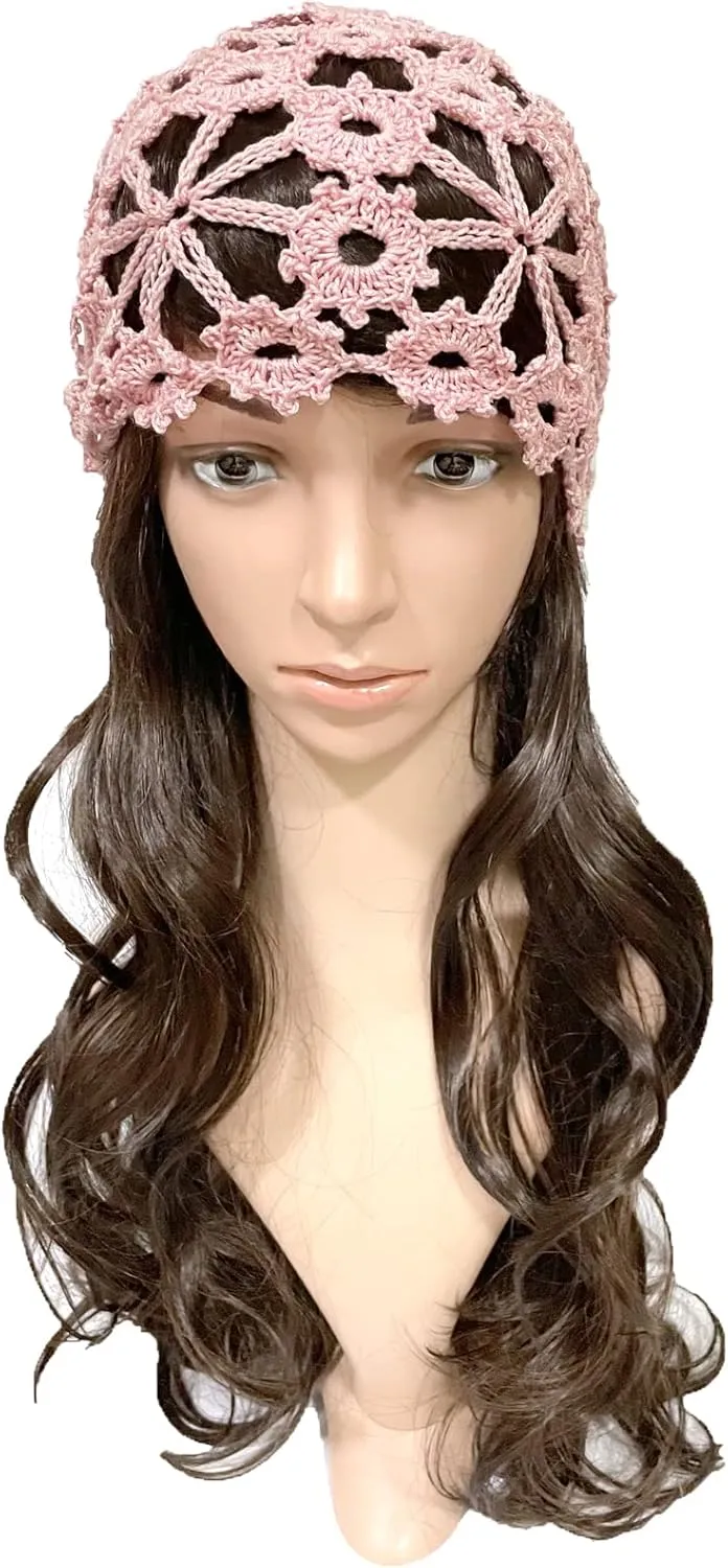 BIBITIME Women Lace Crochet Beanie Hat Handmade Knitted Cutout Floral Skull Cap