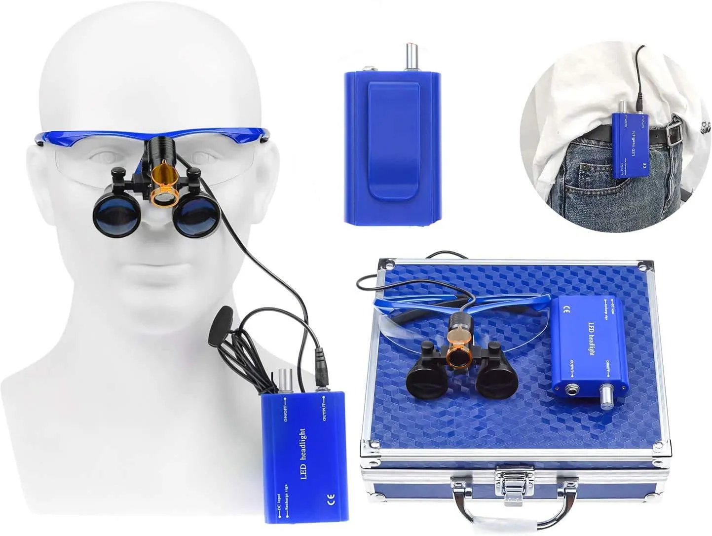 Blue 2.5X420MM Loupes Magnifier  5 Headlight Plug in Clip Head Light with Filter Aluminum Box 008.